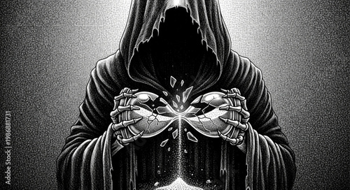 Hooded Skeletal Reaper Holding Human Heart Close.