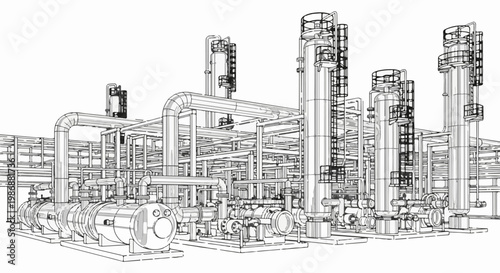 Industrial complex with intricate piping and tall cylindrical structures