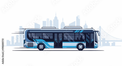 Modern blue and white bus speeds through city skyline with bridge