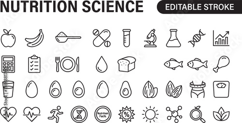 A professional monochrome line icon set featuring 30 nutrition science and dietary health icons with black outline strokes only. Includes food macro chart, calorie counter phone, micronutrient vitamin