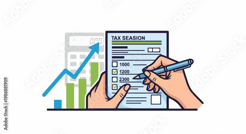 Illustration of hands filling out a tax form with a calculator and graph in the background