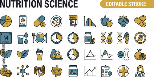 A professional two-tone line icon set featuring 30 nutrition science and dietary health icons. Includes food macro chart, calorie counter, micronutrient vitamin, gut microbiome, food label reading, gl