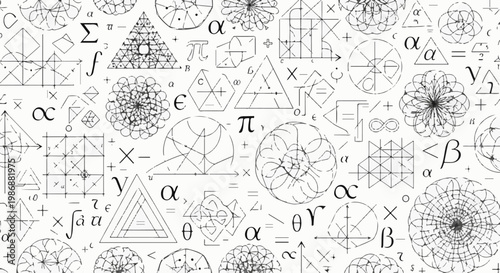 Intricate geometric patterns, mathematical symbols, and abstract designs fill the background