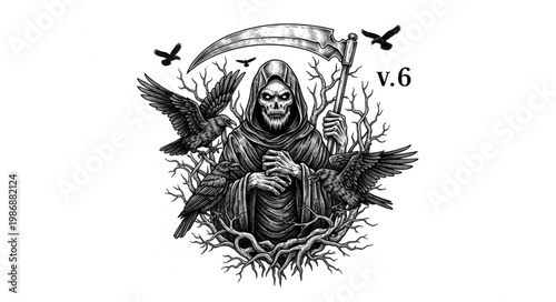 Hooded skeletal figure personifying death with ravens.