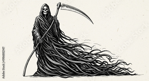 Hooded skeletal figure with scythe and flowing cloak.