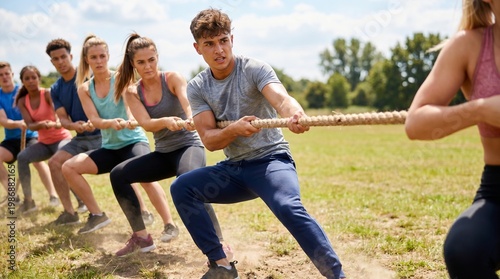 Young people participating in tug-of-war competition outdoors in summer  