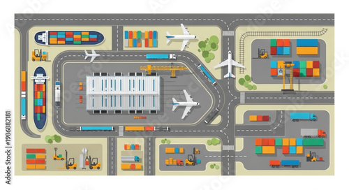Aerial View of a Busy Logistics and Transportation Hub.