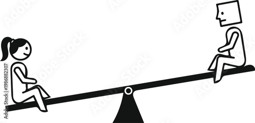 A girl and a faceless man sitting on a seesaw isolated on white background