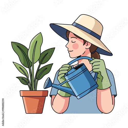 Gardener watering plant in pot, cartoon illustration, hobby and nature concept