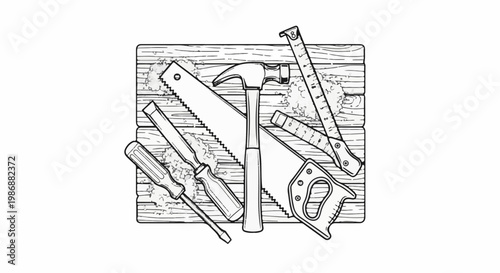 Illustration of carpentry tools on a wooden surface