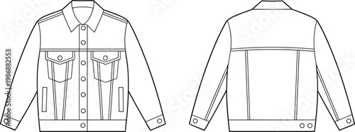 Flat vector denim jacket technical sketch, front and back fashion illustration