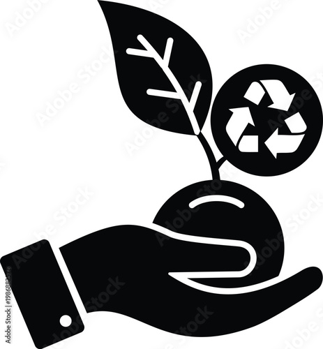Eco friendly growth hand holding sprout with recycling symbol silhouette isolated on transparent background