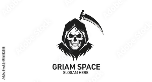 Hooded Grim Reaper Skull With Scythe Logo.