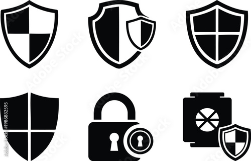 Black shield and lock silhouettes isolated on transparent background security and protection icons