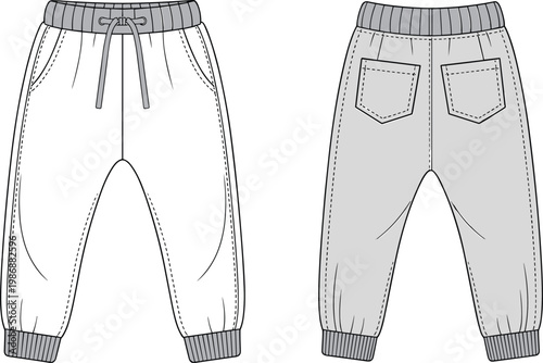 Flat vector jogger pants front back view, fashion design technical drawing