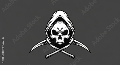 Hooded Grim Reaper Skull With Crossed Scythes.