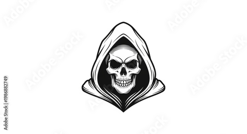 Hooded Grim Reaper Skull Portrait Illustration.