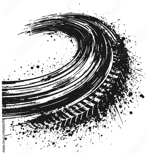  Bold black ink circle with expressive brush stroke and splattering paint, combining minimal Zen enso aesthetics with grunge tire-track texture