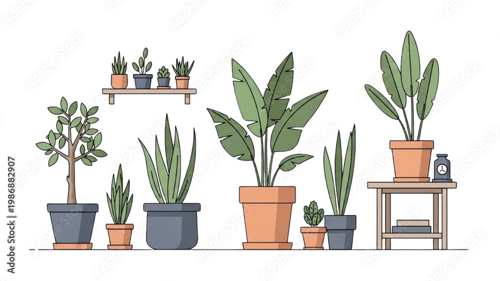 Obraz premium Various plants in pots on shelves and table in vector 2D CAD style