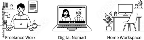 A vector illustration showcasing three remote work setups: freelance work, digital nomad on a laptop, and home workspace, ideal for marketing, advertising, and lifestyle concepts.