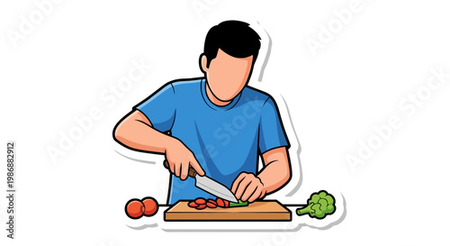 Faceless man character chopping fresh vegetables on a wooden cutting board, vector illustration of a home cook preparing healthy meal isolated on white background.