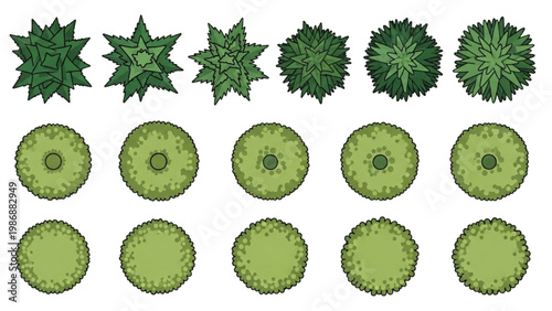 Vector 2D CAD illustrations of various green spiky and smooth circular shapes.