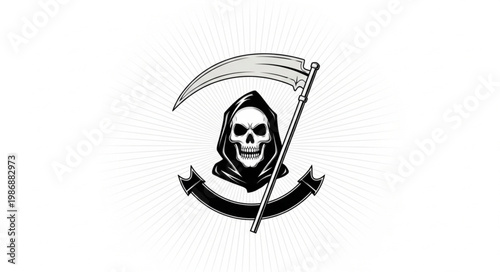 Hooded Grim Reaper Skull Emblem With Scythe.