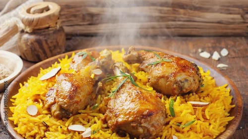 Spiced kabsa rice dish arranged neatly with grilled chicken pieces and vegetable garnish