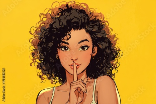 Joyful portrait of a coy smile and hush gesture on a vibrant yellow background
