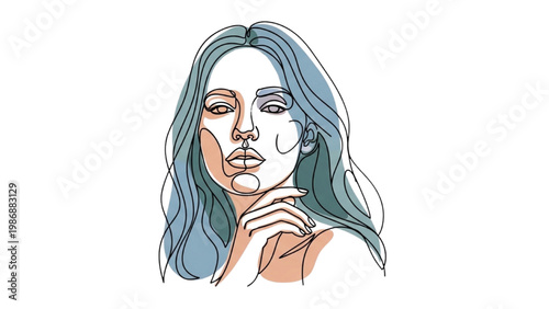 Vector 2D CAD illustration of a woman's face with blue hair and hand near her neck