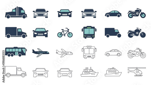 Vector 2D CAD designs of various transportation vehicles on display