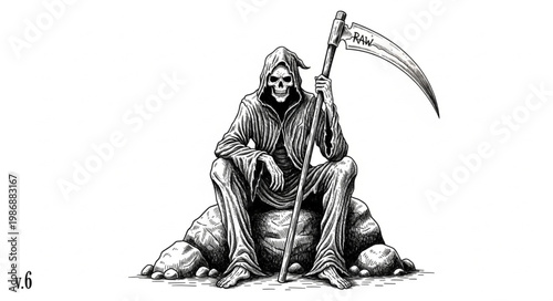 Hooded Grim Reaper Skeleton Sitting With Scythe.