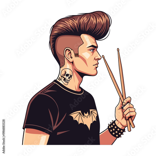 Punk Rock Drummer with Pompadour and Skull Tattoo Holding Drumsticks