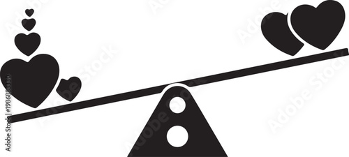 Black hearts on a seesaw isolated on white background balancing love