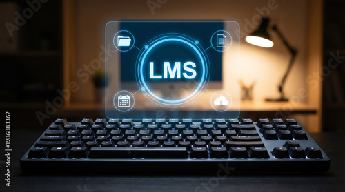 Learning management system lms concept with digital interface icons floating above a computer keyboard