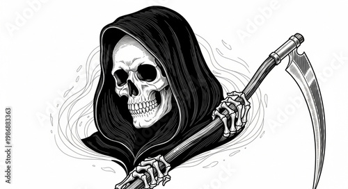 Hooded Grim Reaper Skeleton Holding Scythe Illustration.