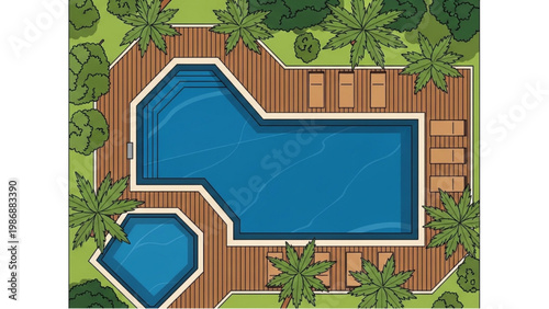 Bird view of a vector 2D CAD designed backyard pool area with wooden deck and tropical trees