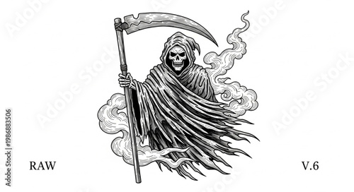 Hooded Grim Reaper Skeleton Holding Scythe Illustration.