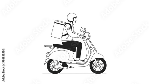 Delivery person riding scooter with vector 2D CAD illustration of food box