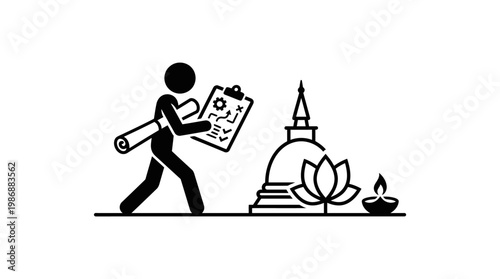 Stickman Architect Planning Buddhist Temple Design with Lotus Flower and Lamp