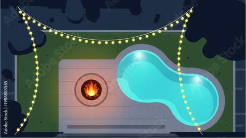Nighttime backyard scene with vector 2D CAD designed pool and fire pit