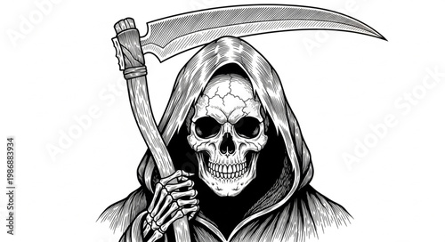 Hooded grim reaper skeleton holding long scythe.