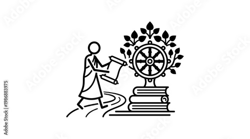Monk With Scroll Walking Beside Dharma Wheel and Books