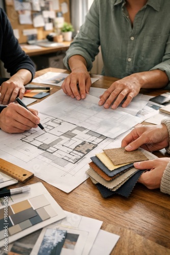 Group of individuals collaborating on interior design project, examining fabric swatches and architectural plans on wooden table, with mood boards and samples in the background