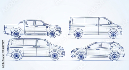 Four different types of vehicles illustrated with wireframe outlines.