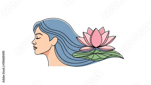 Woman with blue hair and pink lotus flower vector 2D CAD illustration