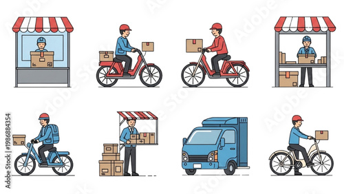 Delivery workers transport packages on bicycles and in a van around the city using vector 2D CAD