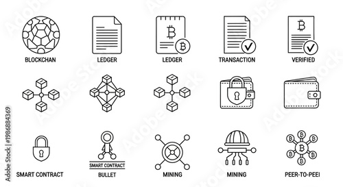 Cryptocurrency and blockchain technology icons.
