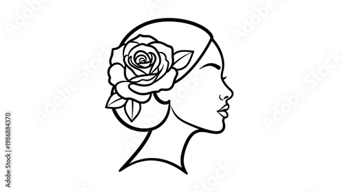 A vector 2D CAD illustration of a woman's head with a rose in her hair