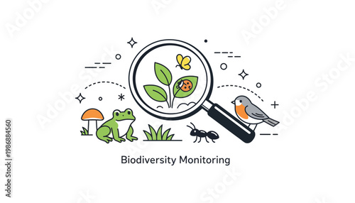 Biodiversity monitoring with a magnifying glass and various wildlife icons